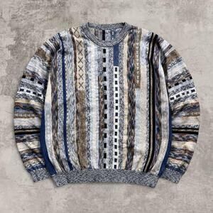 Coogi Style Brown Beige Sweater Geometric Knit Jumper Medium Earthtone Cropped